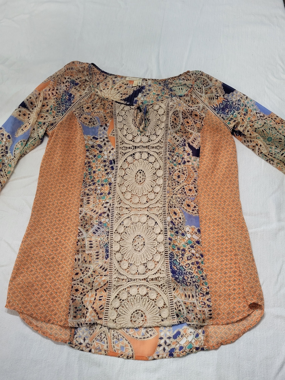 Meadow Rue By Anthropologie Small Orange Mix Lace-Print Long Sleeve Top Boho